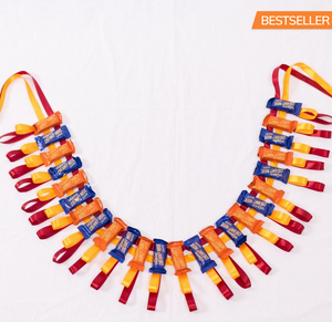 kahoa lole chocolate tonga necklace with red and yellow ribbon